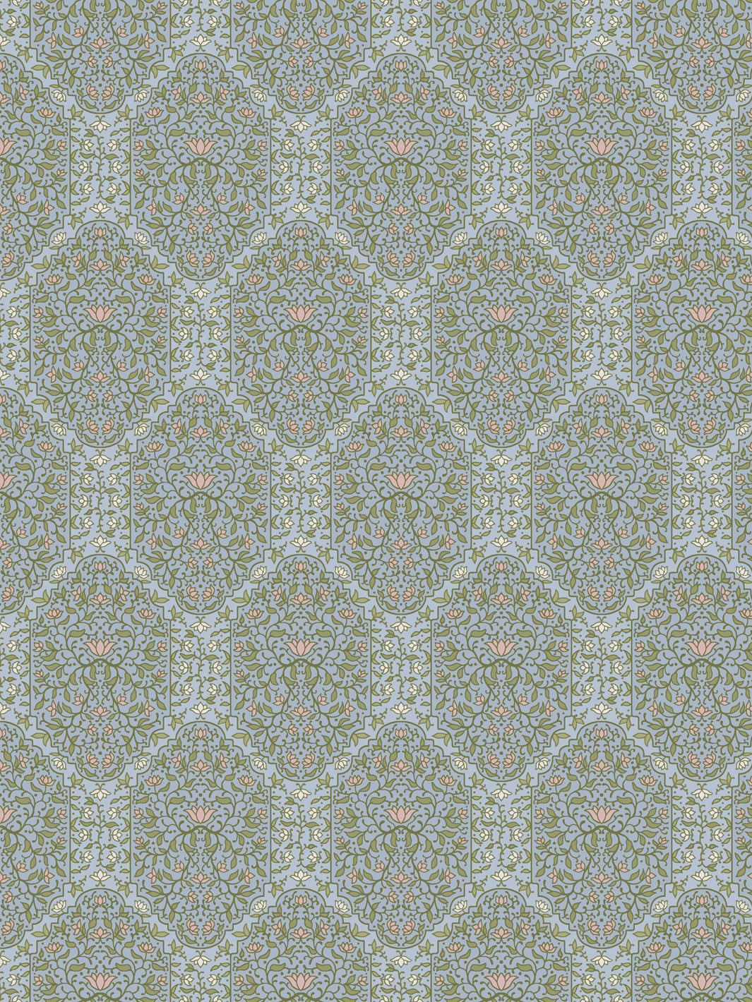 Taliah wallpaper in Dewdrop Garden: olive foliate arches with pink lotus and ivory buds on dusty blue