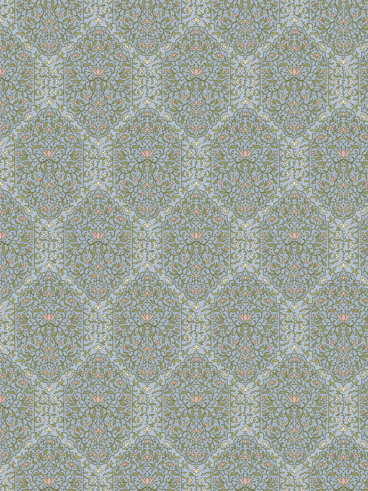 Taliah wallpaper in Dewdrop Garden: olive foliate arches with pink lotus and ivory buds on dusty blue