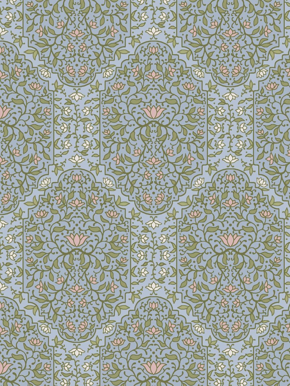 Close crop of olive-green and scrolling foliate arches on soft dusty powder blue