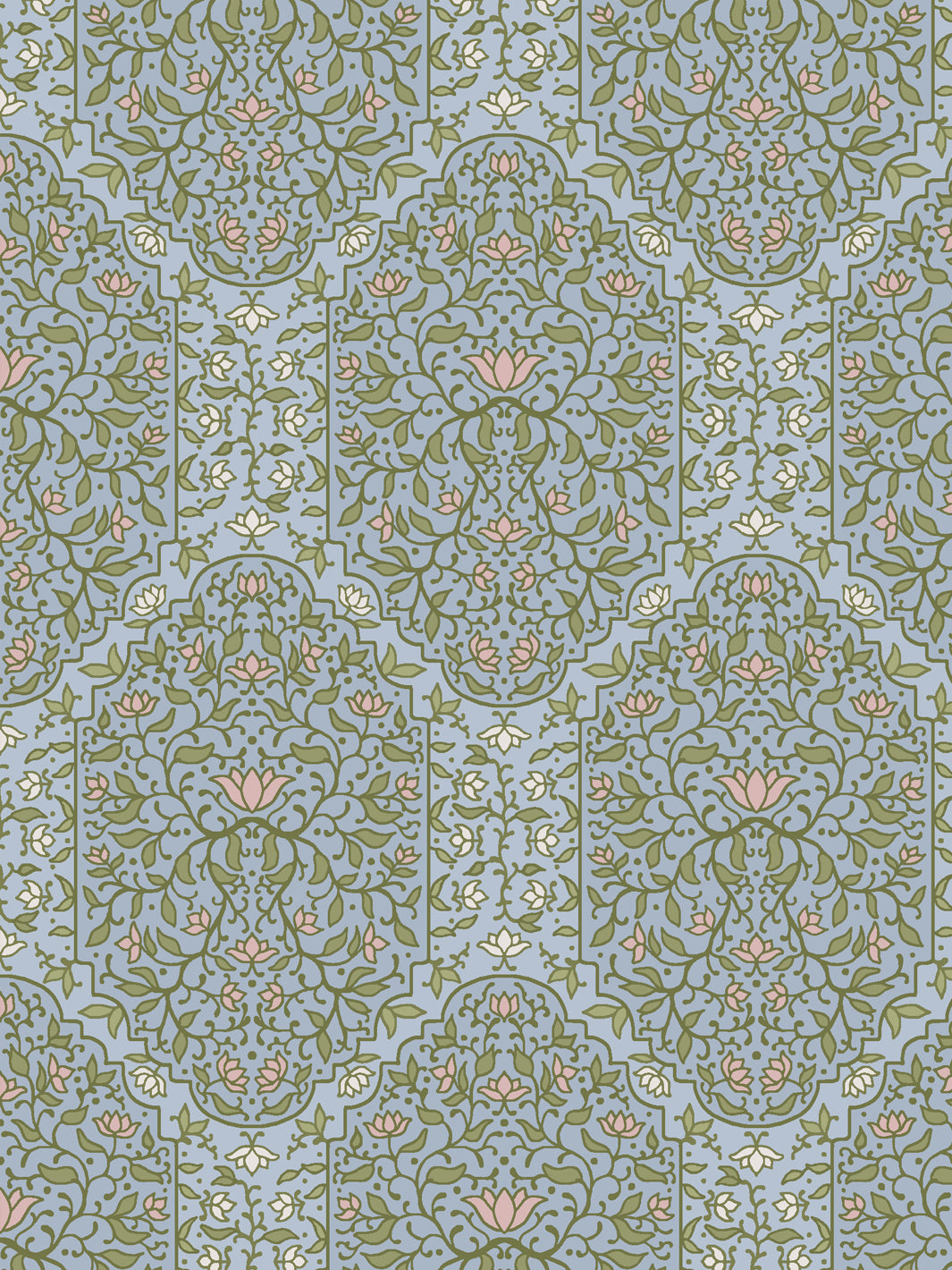 Close crop of olive-green and scrolling foliate arches on soft dusty powder blue