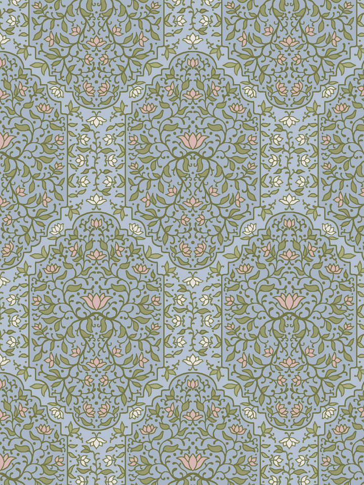 Close crop of olive-green and scrolling foliate arches on soft dusty powder blue