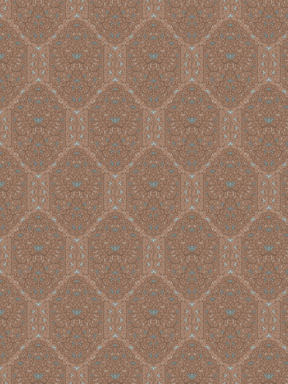 Taliah wallpaper in Driftwood Denim: brown foliate arches with soft blue lotus on a dusty clay ground