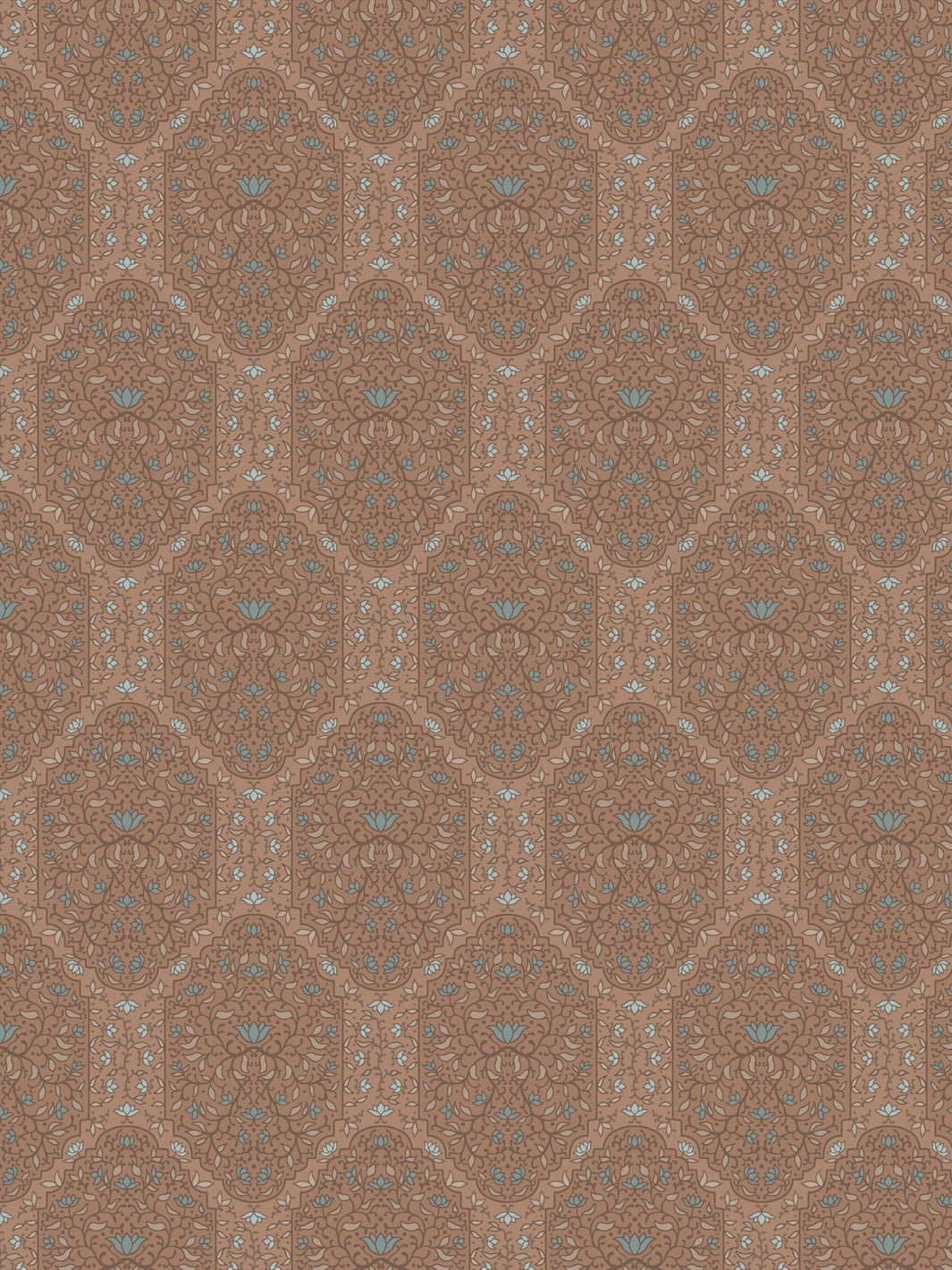 Taliah wallpaper in Driftwood Denim: brown foliate arches with soft blue lotus on a dusty clay ground