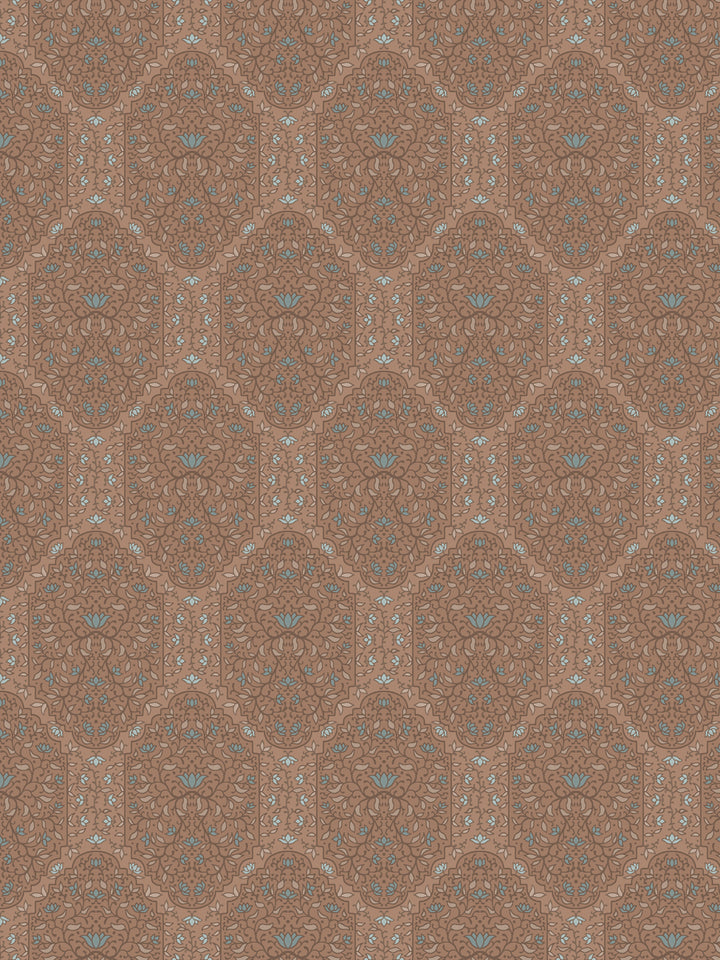 Taliah wallpaper in Driftwood Denim: brown foliate arches with soft blue lotus on a dusty clay ground