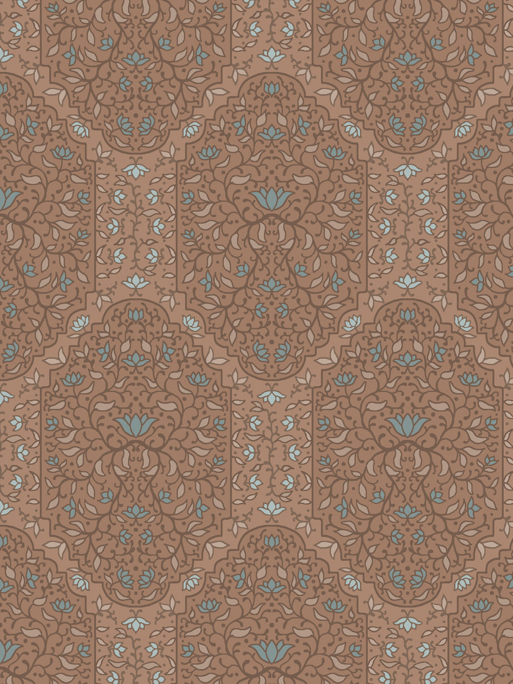 Close crop of deeper cocoa brown and foliate arches on dusty rose-brown clay
