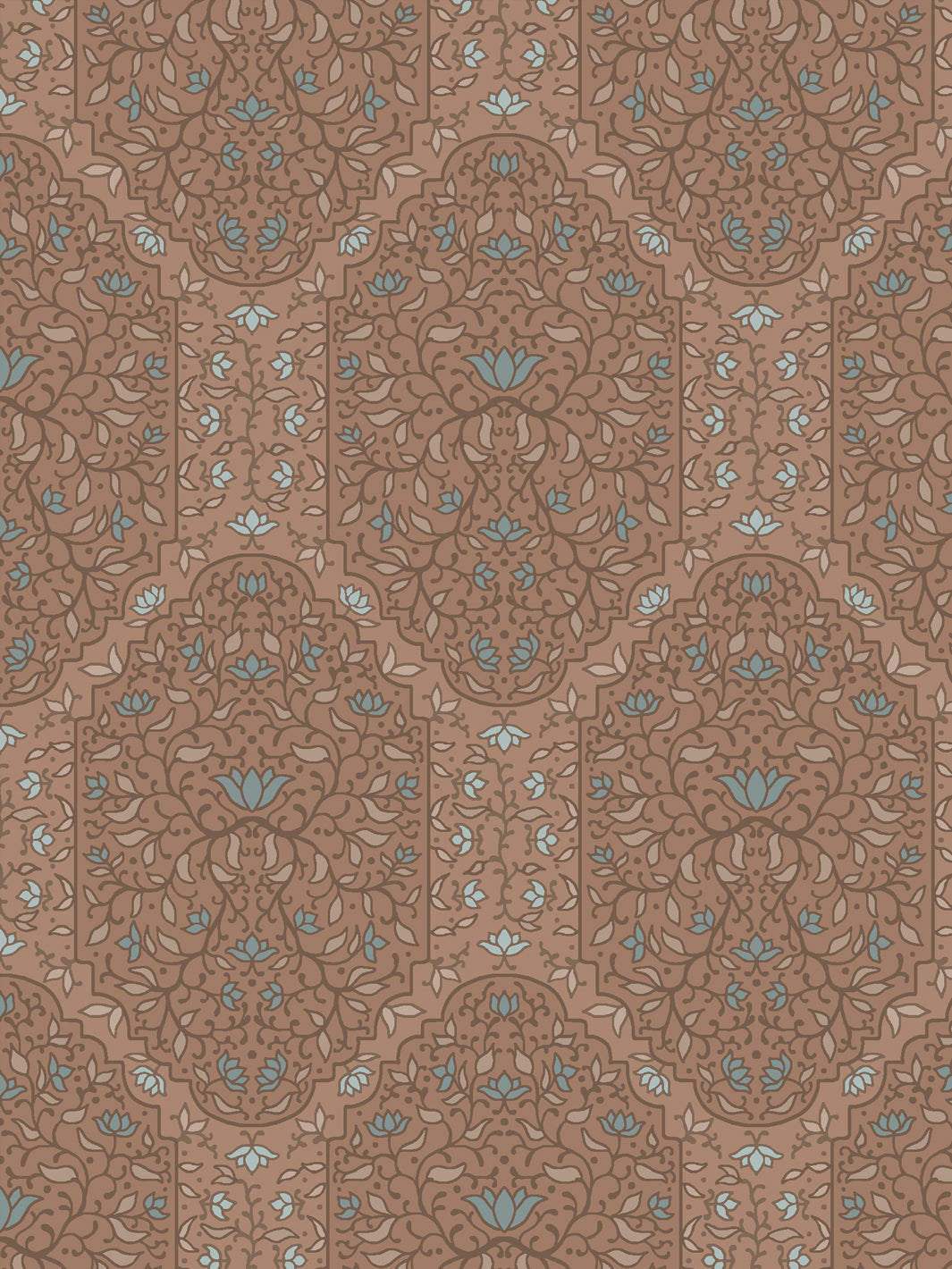 Close crop of deeper cocoa brown and foliate arches on dusty rose-brown clay