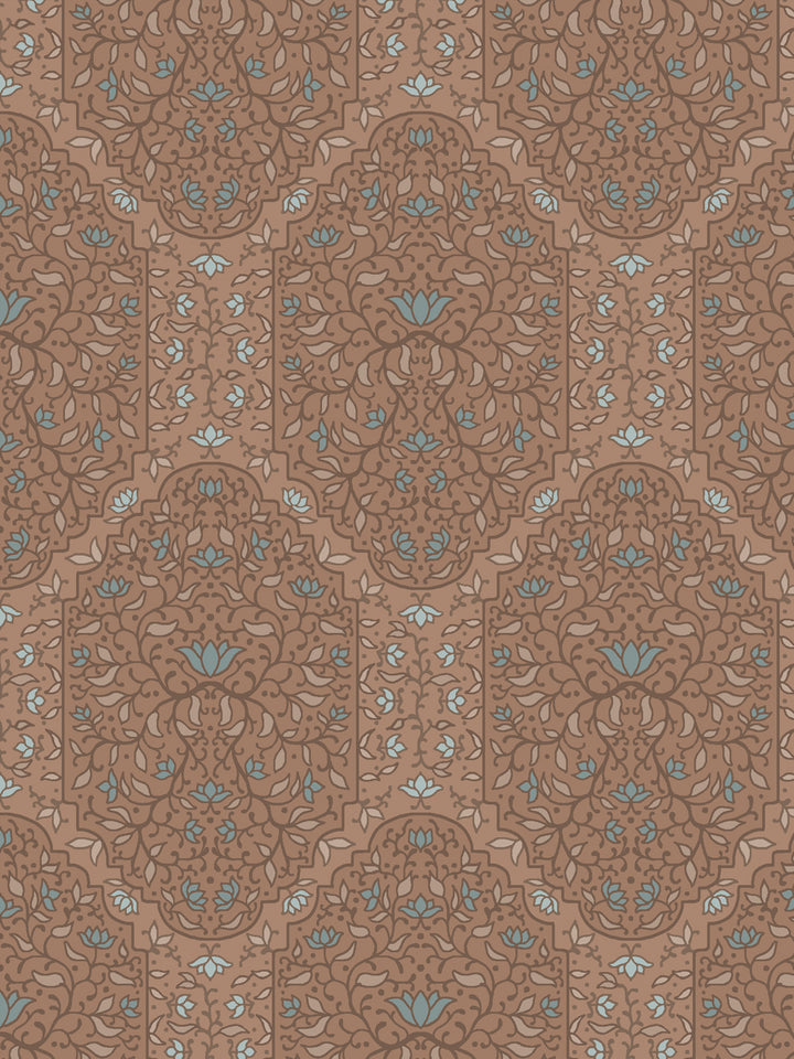 Close crop of deeper cocoa brown and foliate arches on dusty rose-brown clay