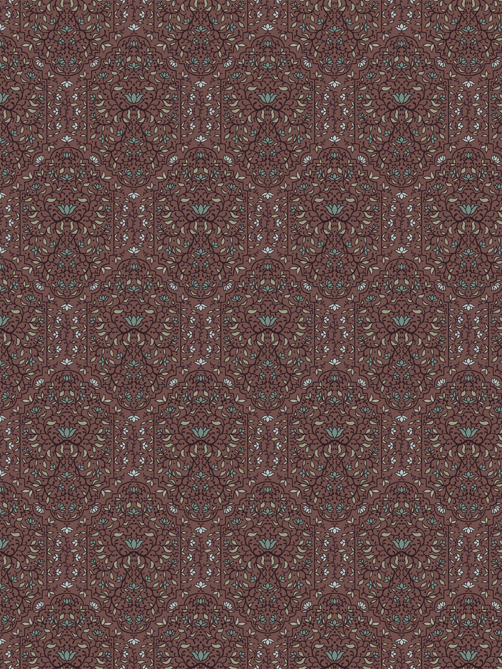 Taliah wallpaper in Faded Bordeaux: dark plum foliate arches with sage leaves on a muted maroon ground