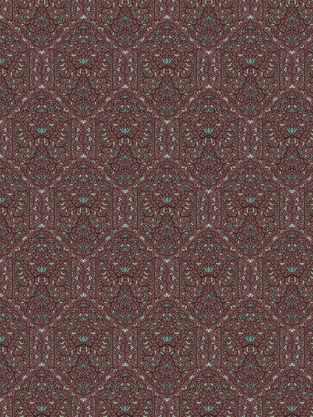 Taliah wallpaper in Faded Bordeaux: dark plum foliate arches with sage leaves on a muted maroon ground