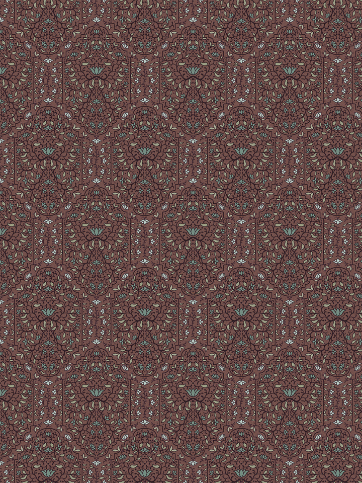 Taliah wallpaper in Faded Bordeaux: dark plum foliate arches with sage leaves on a muted maroon ground