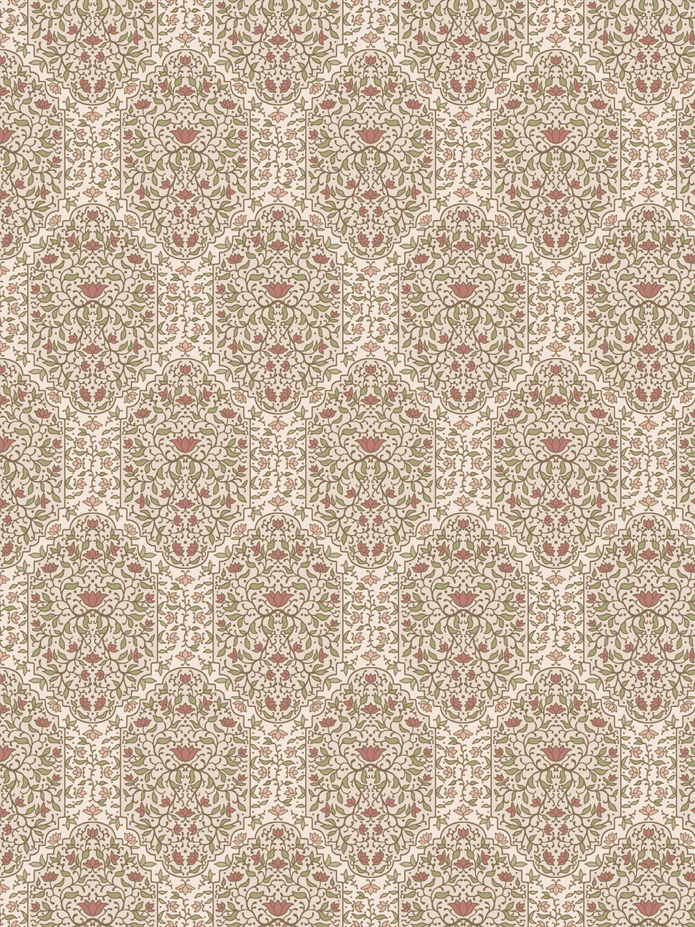 Taliah wallpaper in Honeysuckle Parchment: sage vines and rose lotus flowers on a pale cream ground