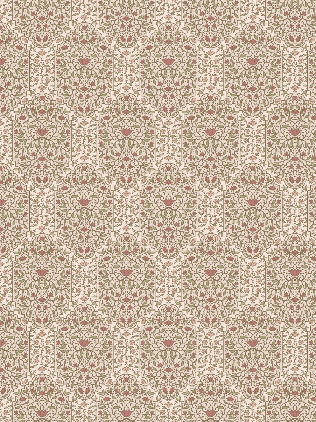 Taliah wallpaper in Honeysuckle Parchment: sage vines and rose lotus flowers on a pale cream ground