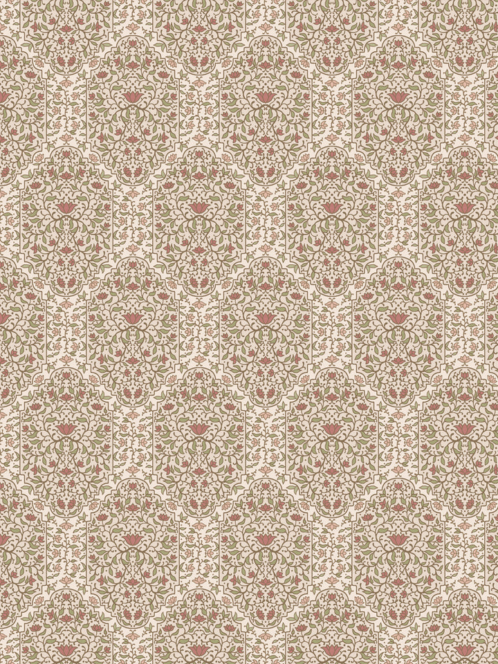 Taliah wallpaper in Honeysuckle Parchment: sage vines and rose lotus flowers on a pale cream ground