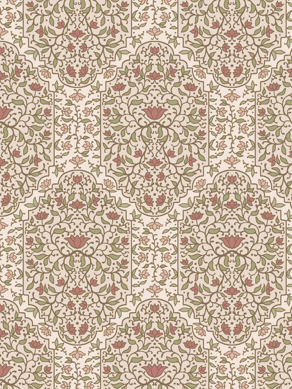 Close crop of soft sage-green foliate arches on pale warm parchment cream