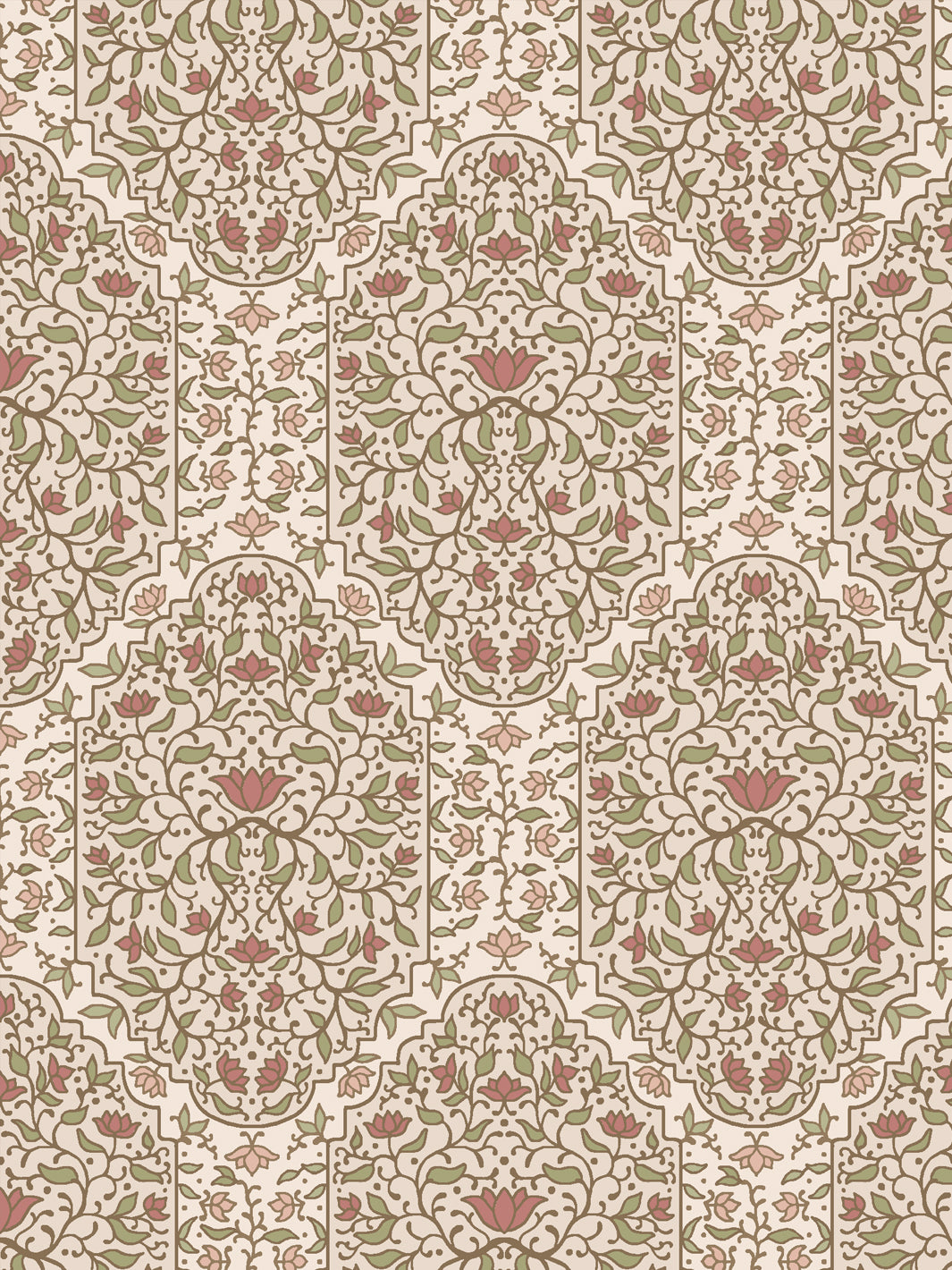 Close crop of soft sage-green foliate arches on pale warm parchment cream