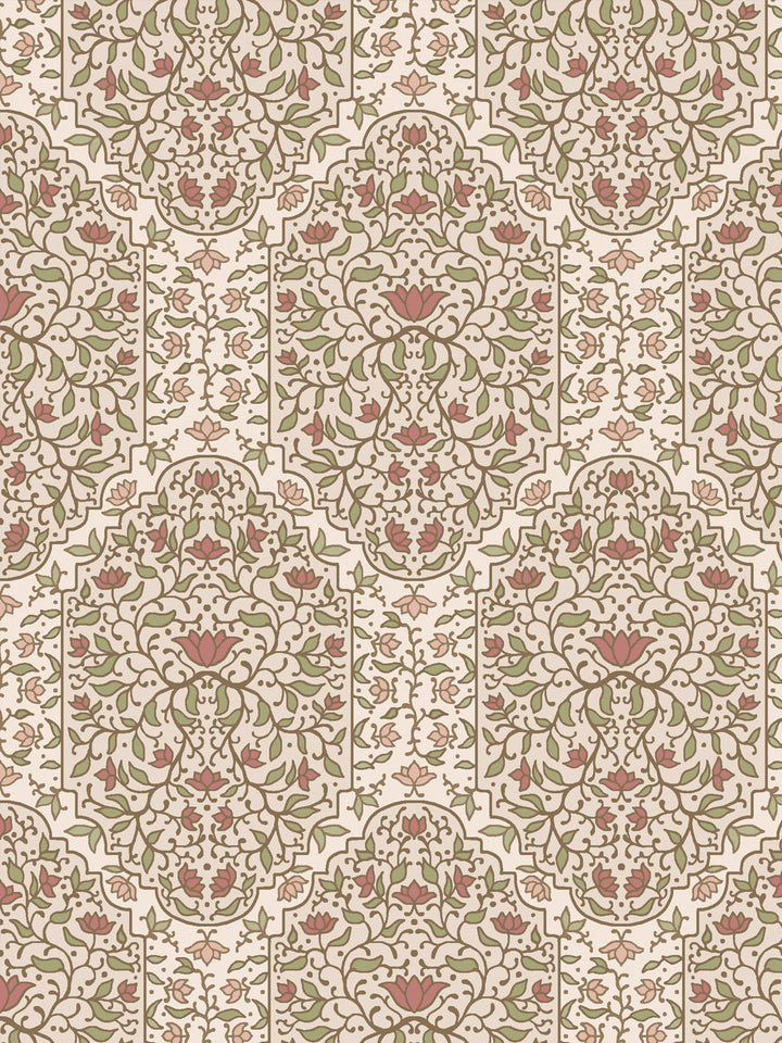 Close crop of soft sage-green foliate arches on pale warm parchment cream