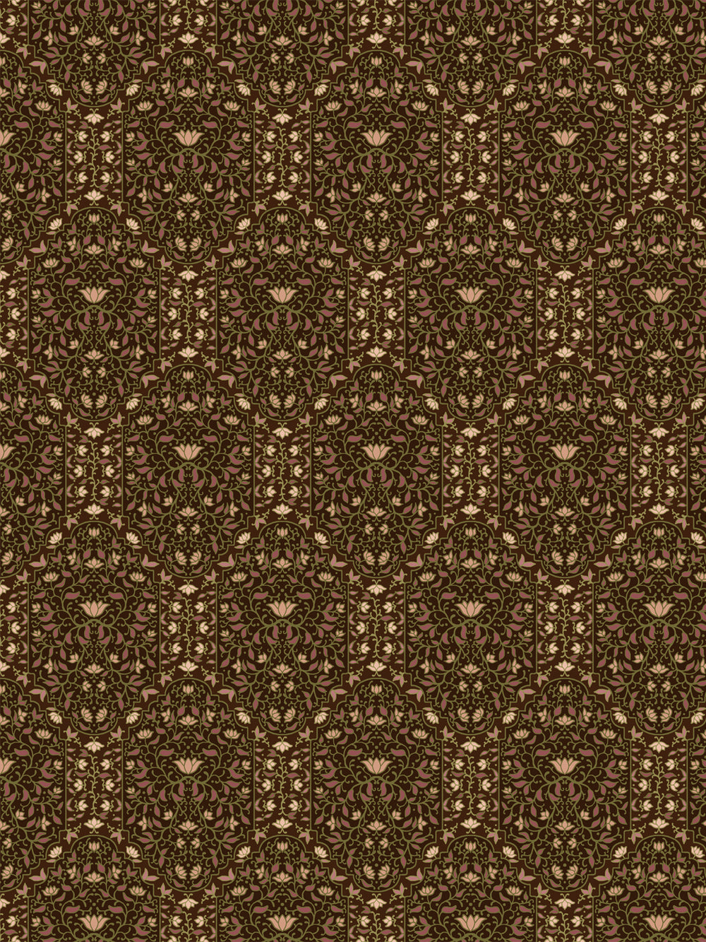 Taliah wallpaper in Moss Bark: mauve and moss green foliate arches with cream lotus on dark brown