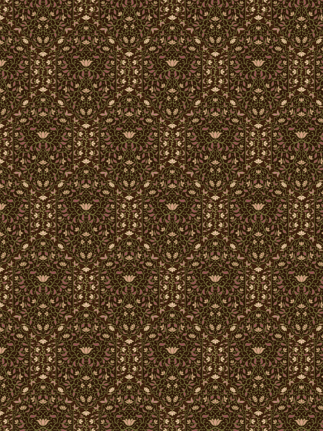 Taliah wallpaper in Moss Bark: mauve and moss green foliate arches with cream lotus on dark brown