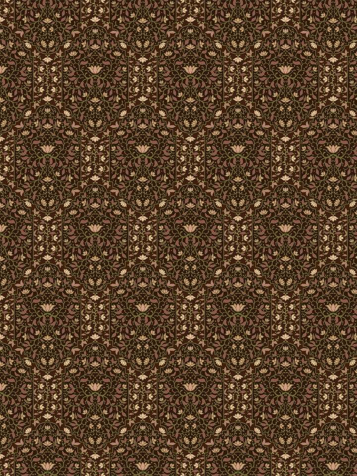 Taliah wallpaper in Moss Bark: mauve and moss green foliate arches with cream lotus on dark brown
