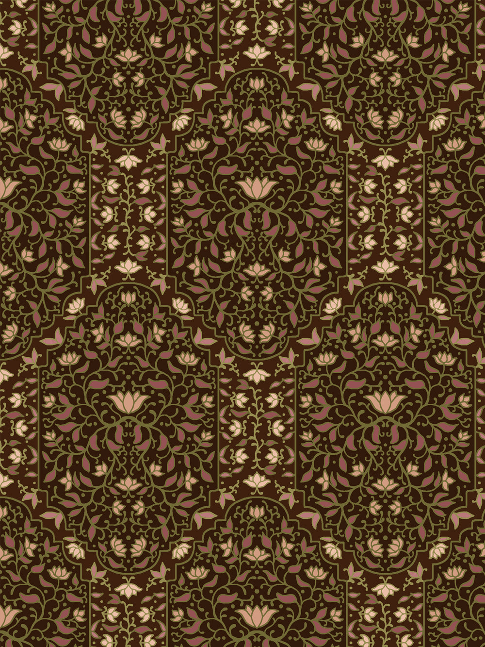 Close crop of dusty mauve-rose masses and foliate arches on dark chocolate brown