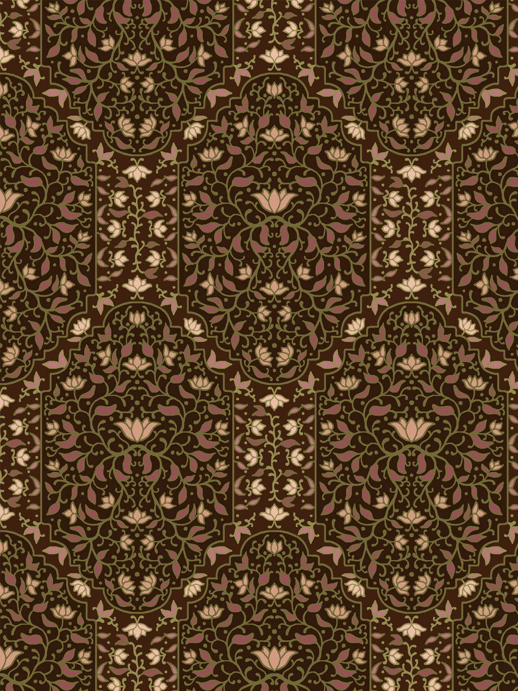 Close crop of dusty mauve-rose masses and foliate arches on dark chocolate brown