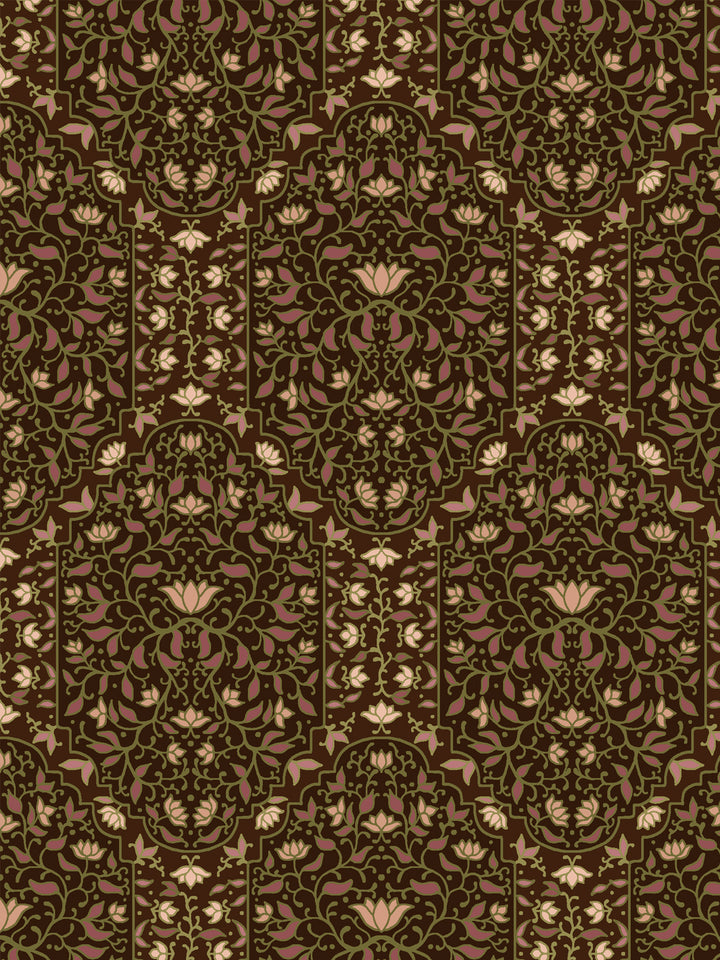 Close crop of dusty mauve-rose masses and foliate arches on dark chocolate brown