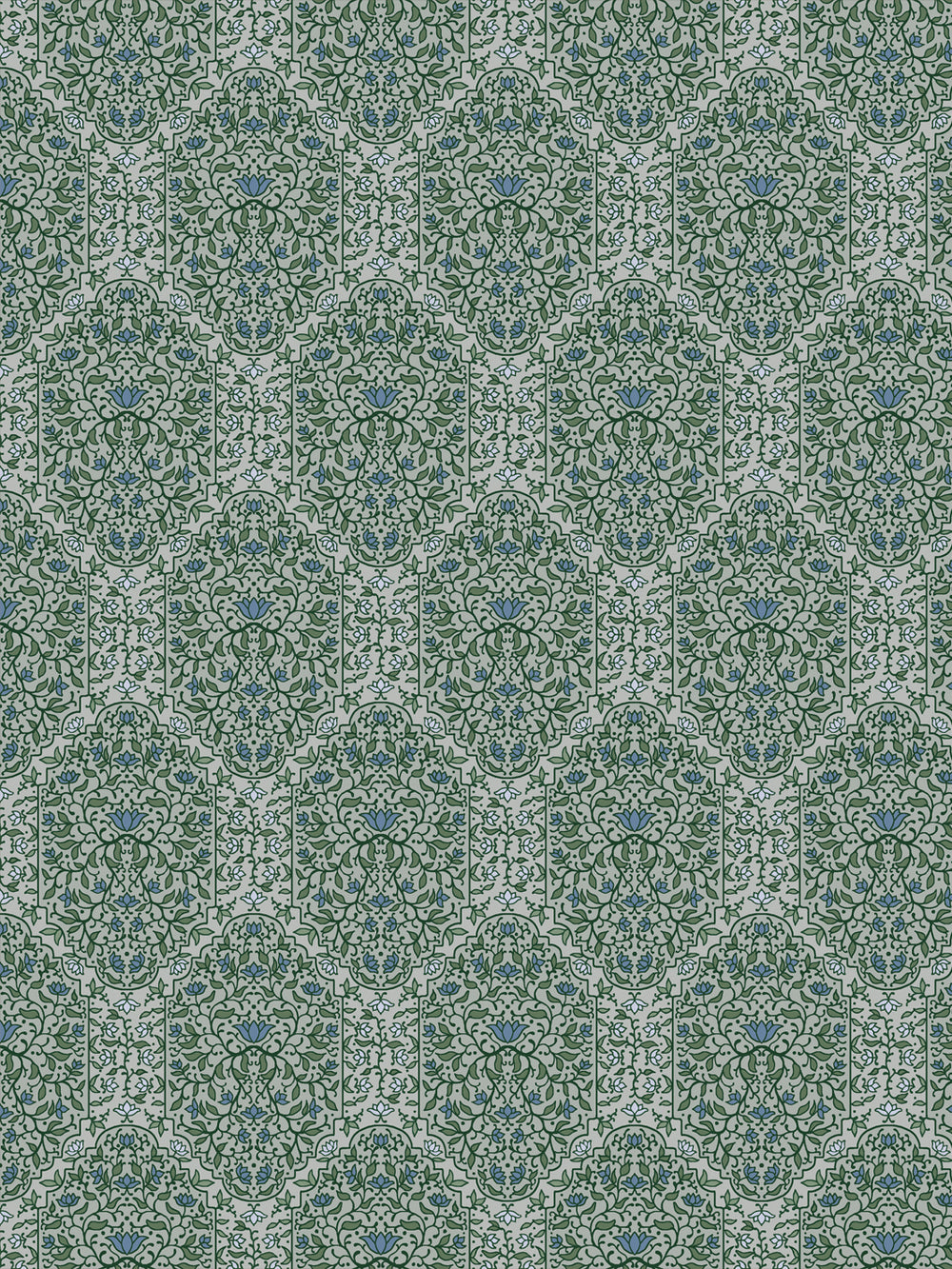 Taliah wallpaper in Overcast Garden: green foliate arches with blue lotus flowers on a pale grey ground