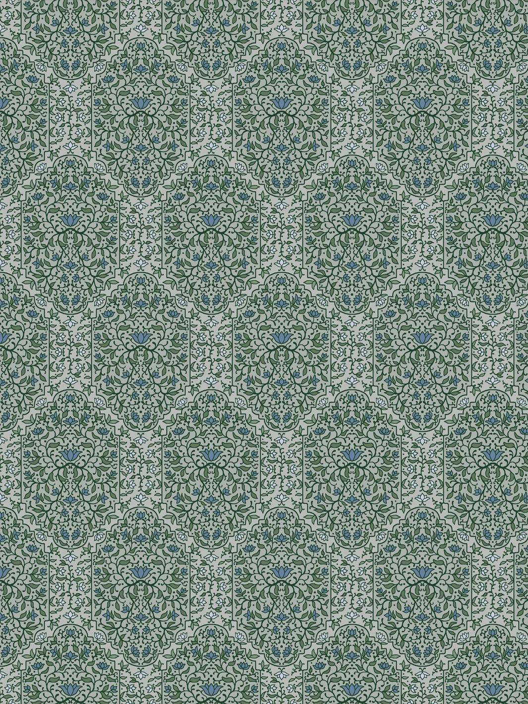 Taliah wallpaper in Overcast Garden: green foliate arches with blue lotus flowers on a pale grey ground