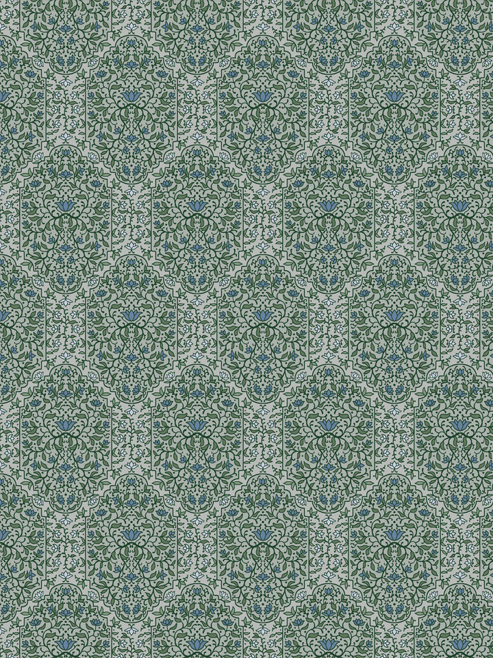 Taliah wallpaper in Overcast Garden: green foliate arches with blue lotus flowers on a pale grey ground