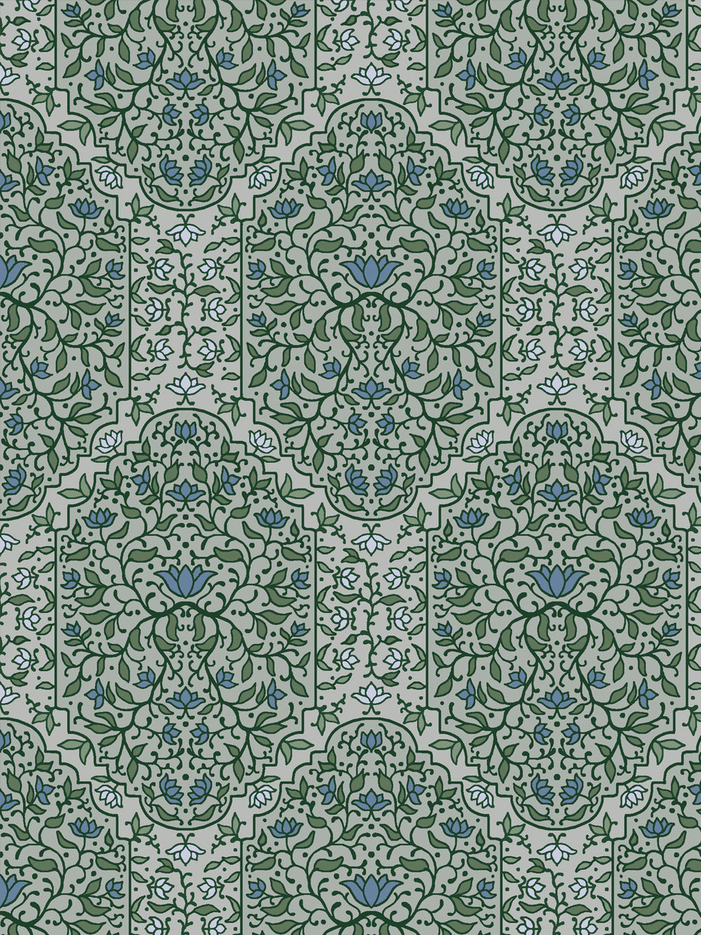 Close crop of medium-dark green and foliate arches on pale grey
