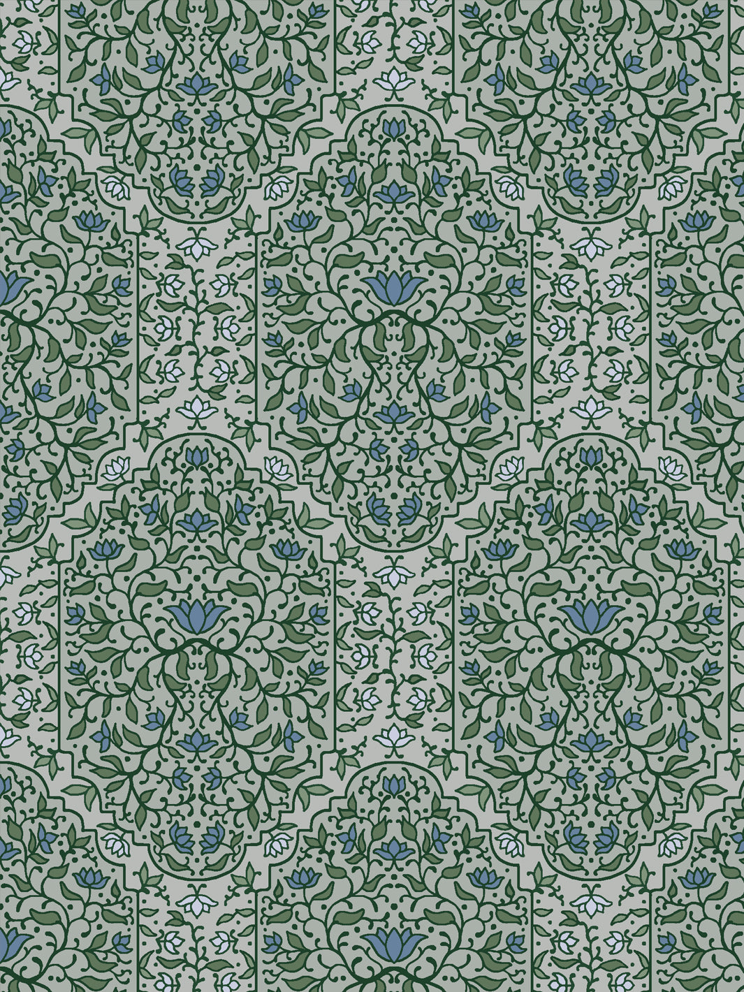 Close crop of medium-dark green and foliate arches on pale grey