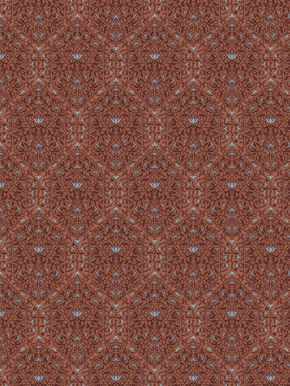 Taliah wallpaper in Painted Clay: tonal maroon foliate arches with pale blue lotus on terracotta