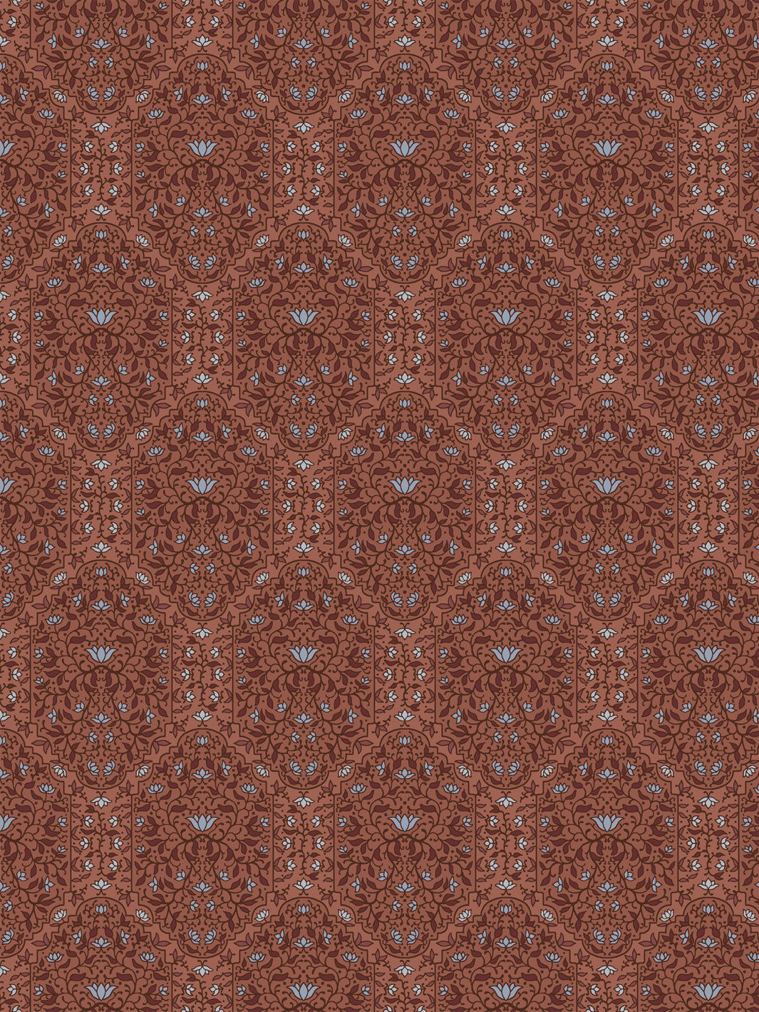 Taliah wallpaper in Painted Clay: tonal maroon foliate arches with pale blue lotus on terracotta