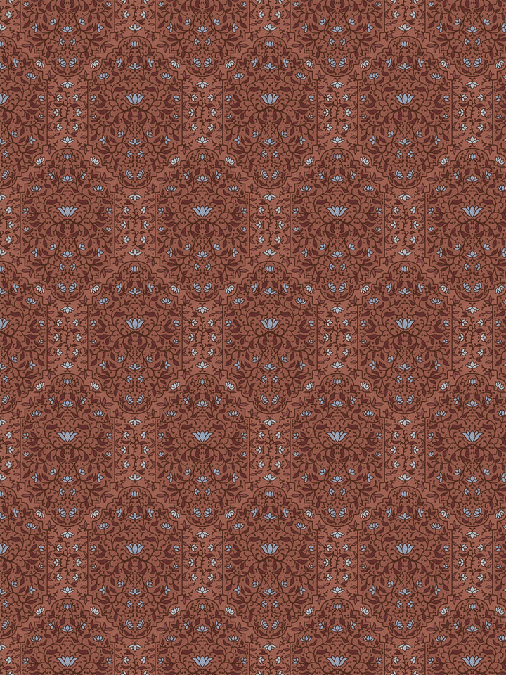 Taliah wallpaper in Painted Clay: tonal maroon foliate arches with pale blue lotus on terracotta