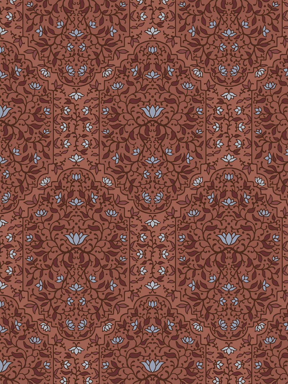 Close crop of deeper maroon-brick and foliate arches on terracotta brick