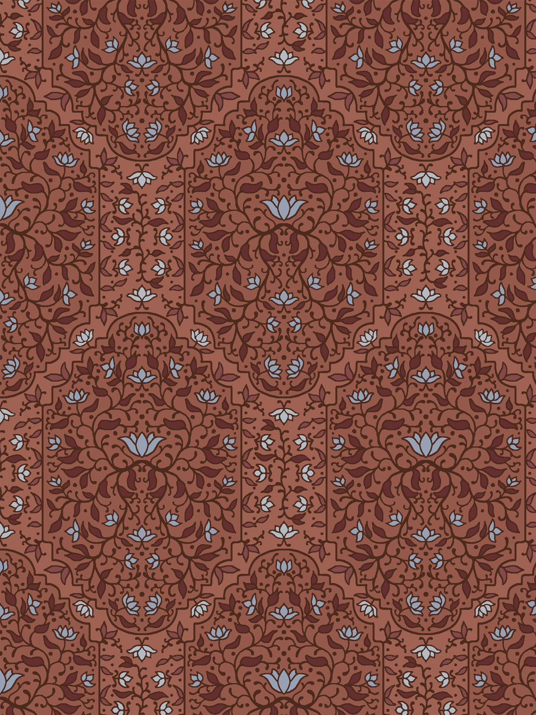 Close crop of deeper maroon-brick and foliate arches on terracotta brick