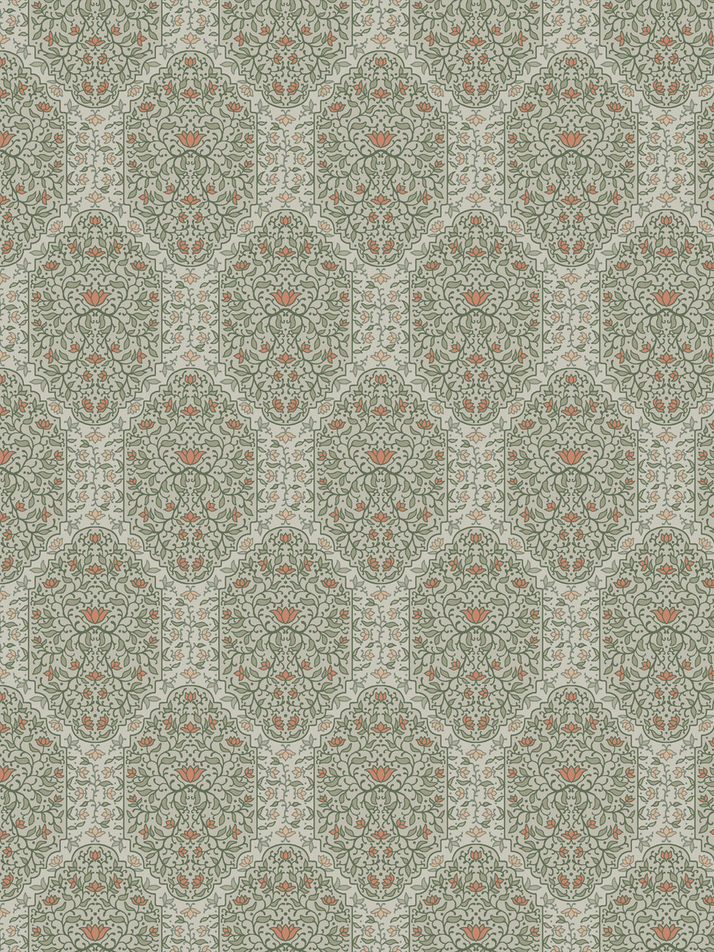 Taliah wallpaper in Silver Sage: sage green foliate arches with coral lotus flowers on grey-green