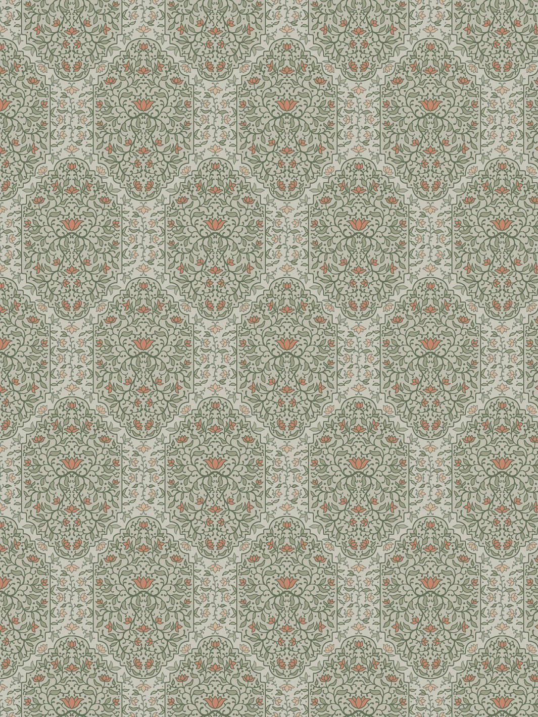Taliah wallpaper in Silver Sage: sage green foliate arches with coral lotus flowers on grey-green