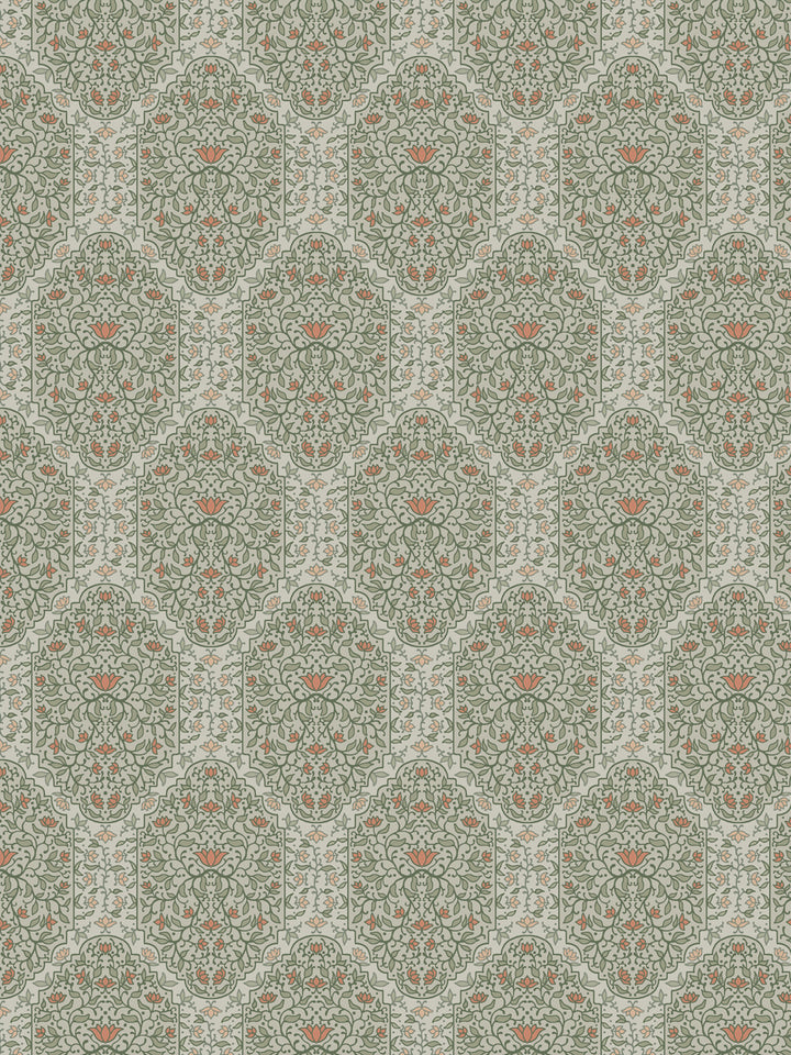 Taliah wallpaper in Silver Sage: sage green foliate arches with coral lotus flowers on grey-green
