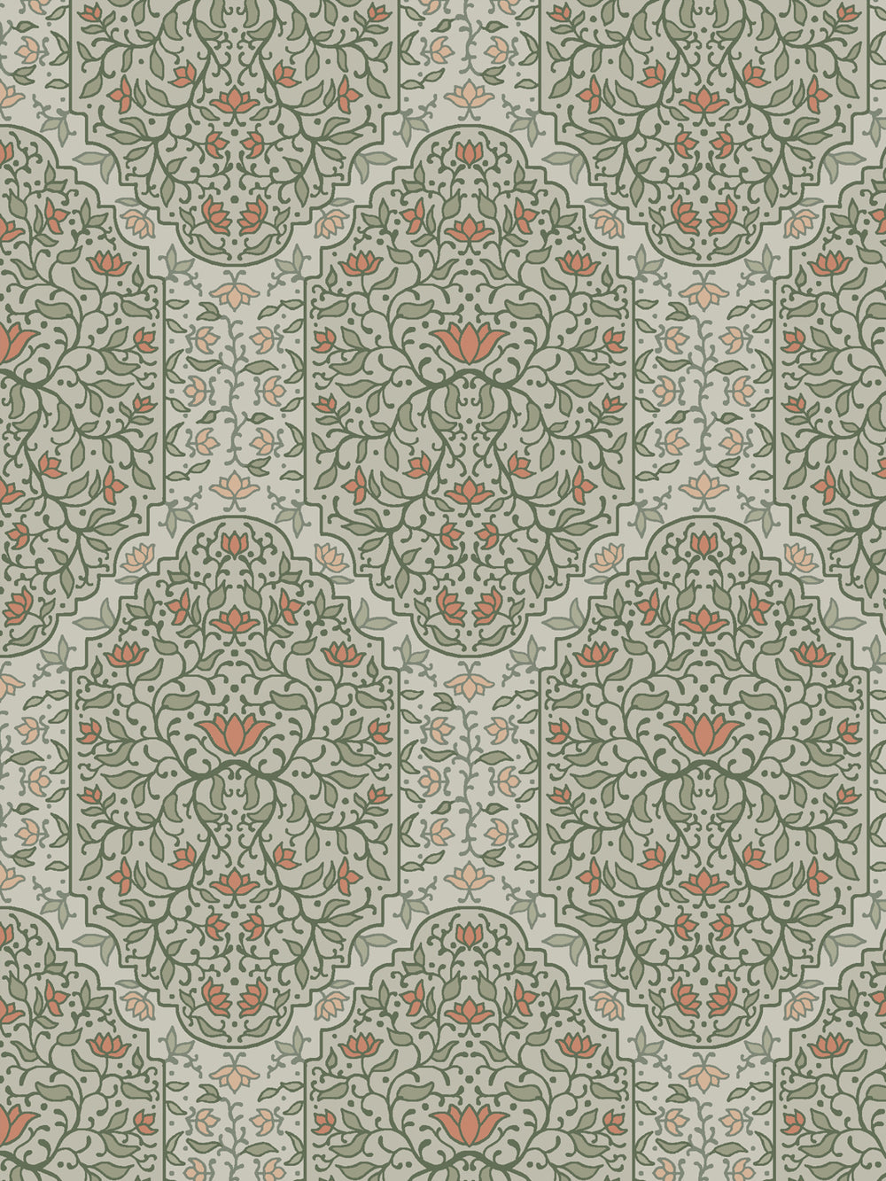 Close crop of sage and deeper olive-green and foliate arches on pale grey-green