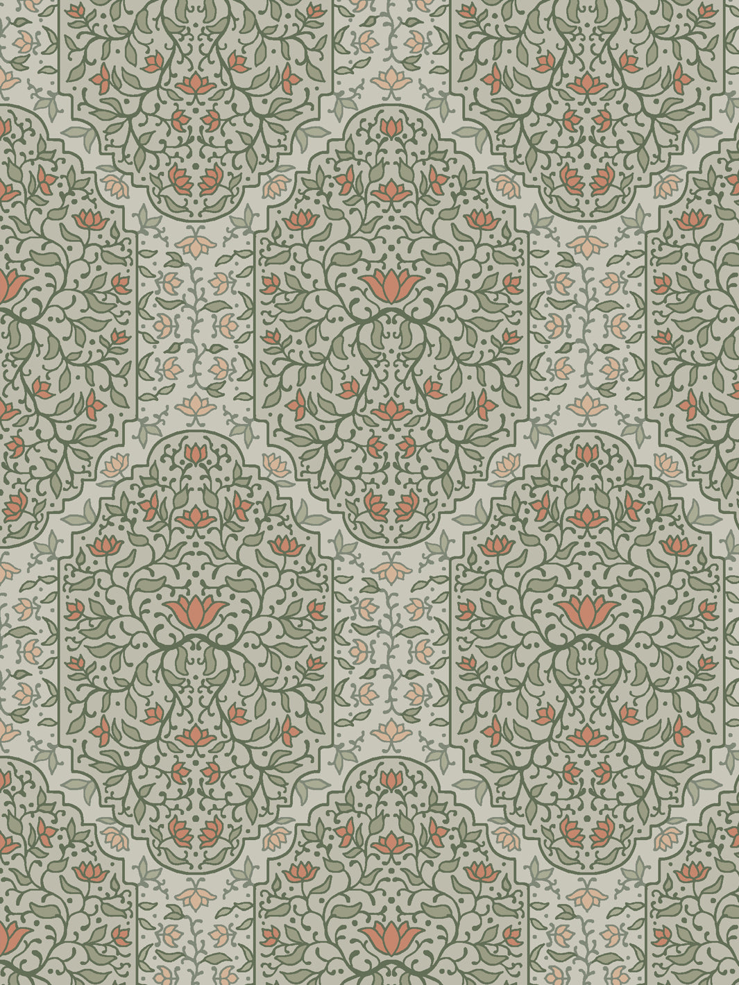 Close crop of sage and deeper olive-green and foliate arches on pale grey-green