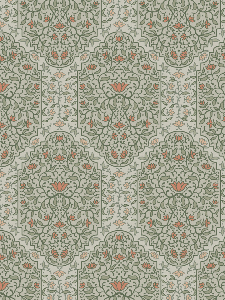 Close crop of sage and deeper olive-green and foliate arches on pale grey-green