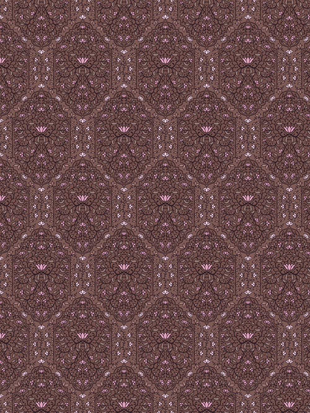 Taliah wallpaper in Soft Camellia Walnut: pink lotus flowers and plum arches on a warm brown ground