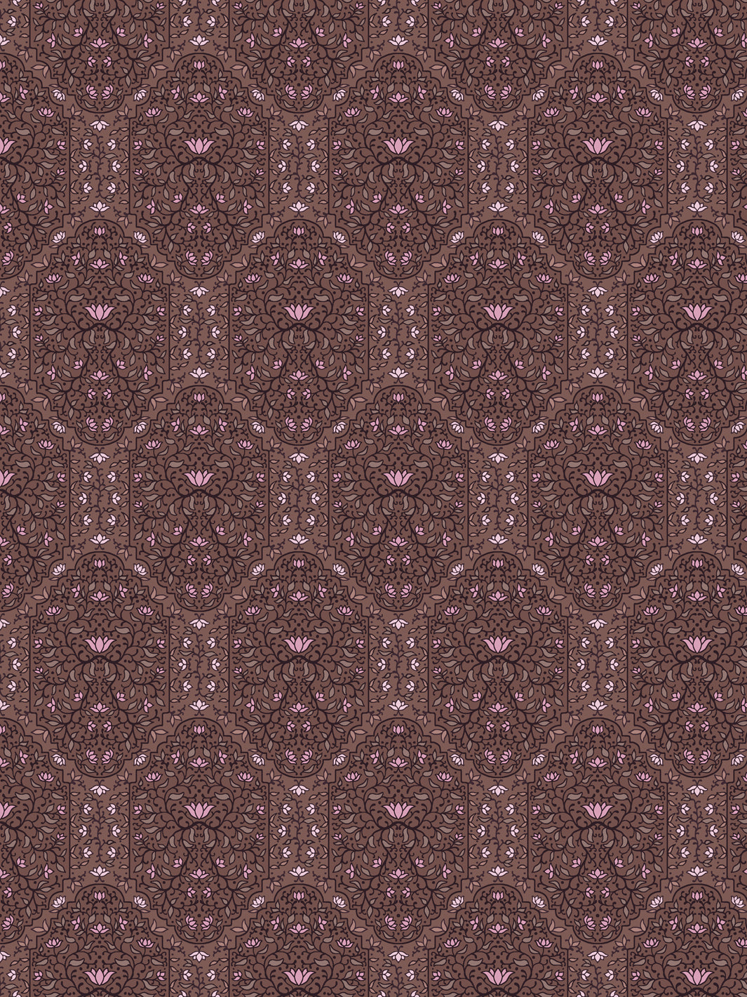 Taliah wallpaper in Soft Camellia Walnut: pink lotus flowers and plum arches on a warm brown ground