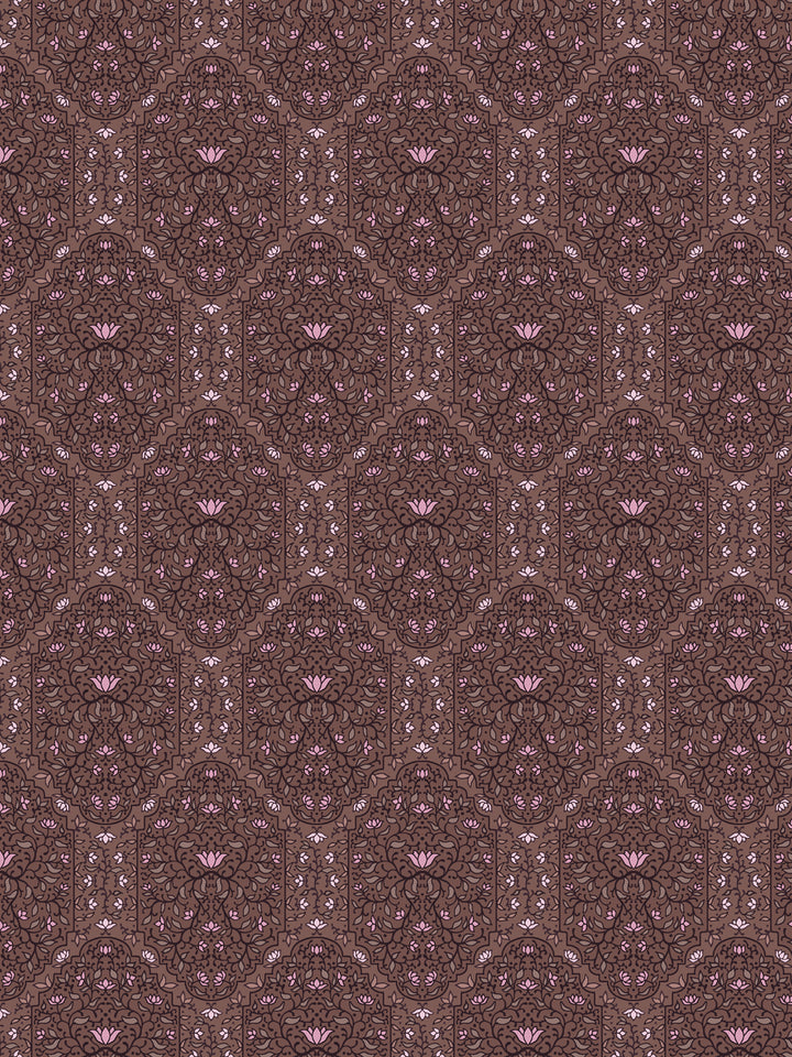 Taliah wallpaper in Soft Camellia Walnut: pink lotus flowers and plum arches on a warm brown ground