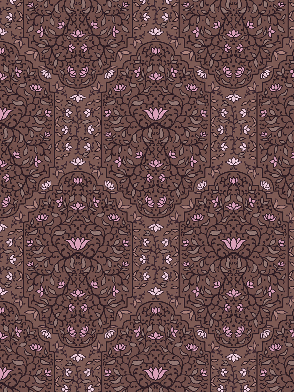 Close crop of dark aubergine foliate arches on mid mauve-brown walnut