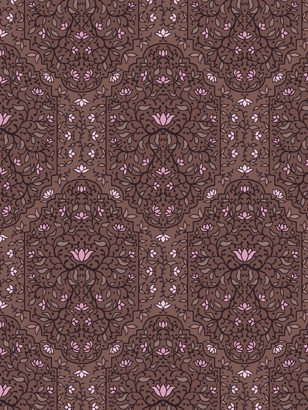 Close crop of dark aubergine foliate arches on mid mauve-brown walnut