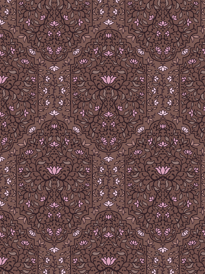 Close crop of dark aubergine foliate arches on mid mauve-brown walnut