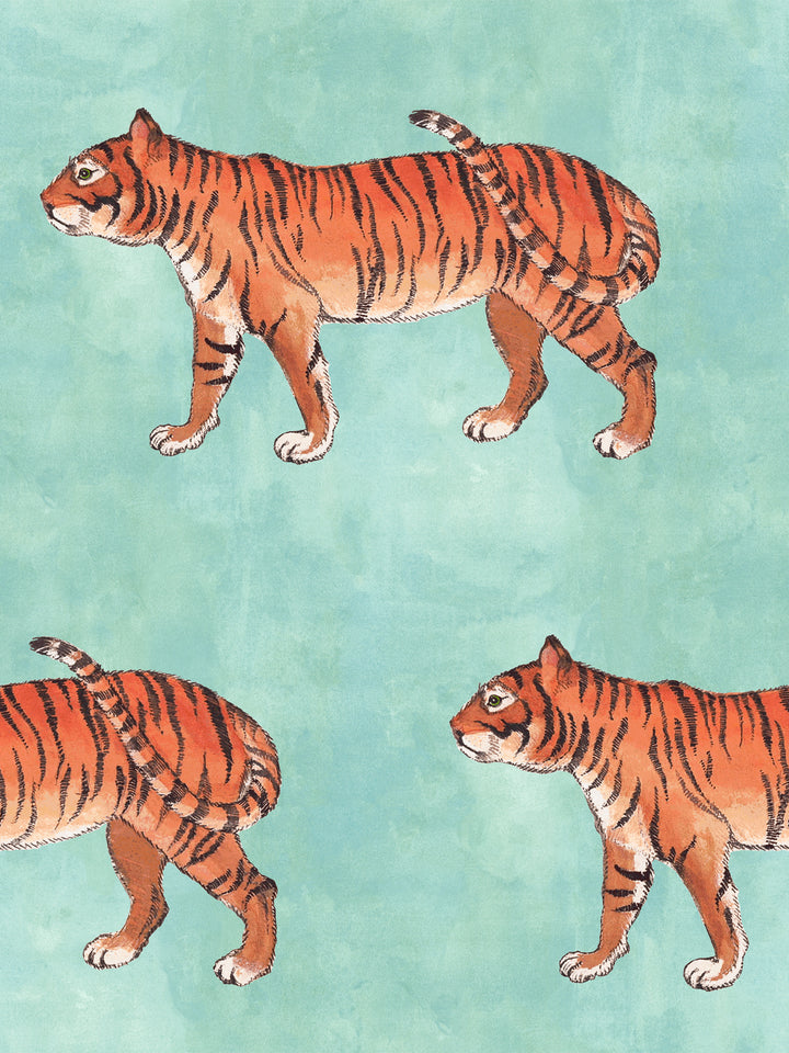 Tiger wallpaper design with repeating orange tigers and black stripes.
