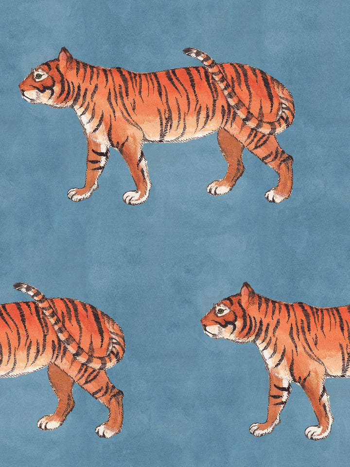 Tiger illustration wallpaper with repeating orange striped cat pattern